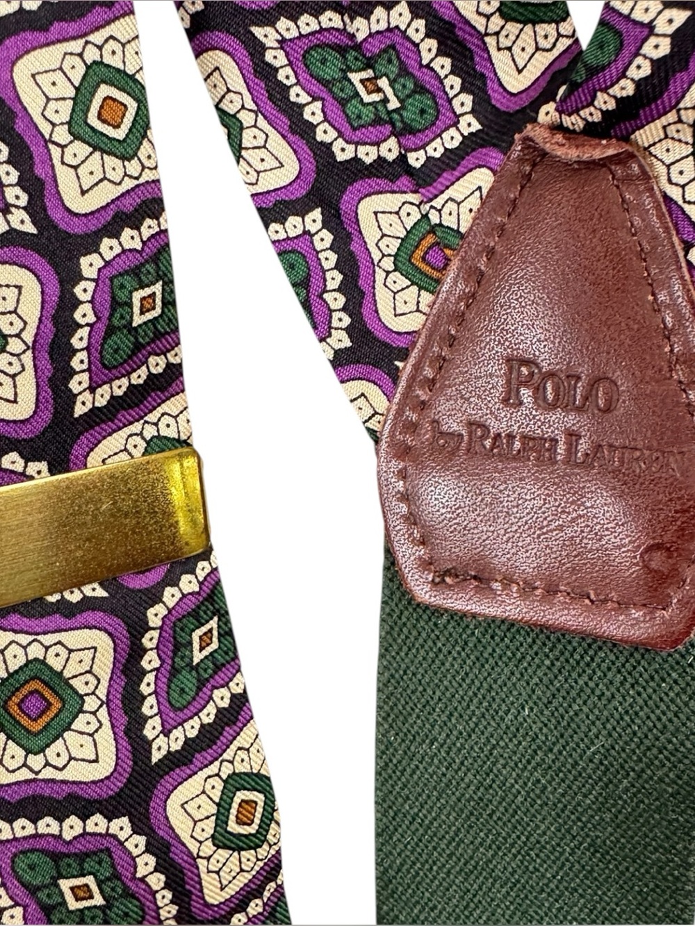 Vintage Polo Ralph Lauren Green Purple Medallion Silk Leather Brass Suspenders